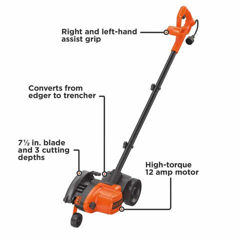2 In 1 Electric Lawn Edger And Trencher With 12 Amp Corded Power, 7.5 Inch Cutting Width, features labeled components.