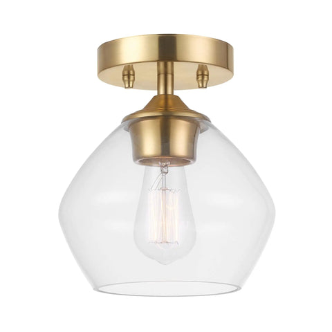 Harrow 1 Light Semi Flush Mount Ceiling Light in Matte Brass with Clear Glass Shade, Vintage Modern Grandmillennial Style, bulb visible