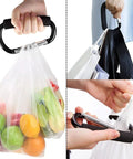 Two Pack Carabiner Stroller Hook Organizer For Hanging Purses Diaper Bags And Shopping Bags in use with grocery bags