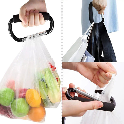 Two Pack Carabiner Stroller Hook Organizer For Hanging Purses Diaper Bags And Shopping Bags in use with grocery bags