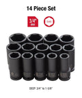 Beefy 14 Piece Deep Impact Socket Set For Three Quarter To One And Five Eighths Inch Drive In SAE CrMo Alloy Steel Radius Corner