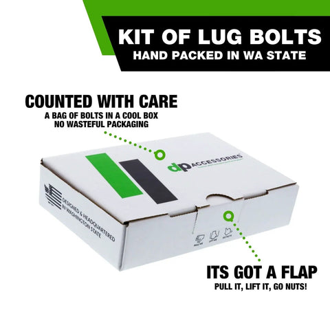 Black M14x1.50 Lug Bolts For Aftermarket Wheels box with green logo and packaging text, hand packed in WA State