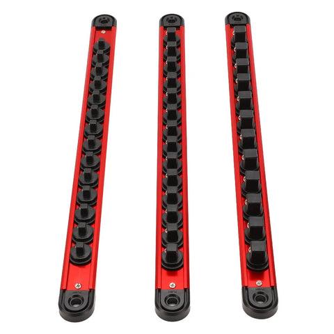 Magnetic Socket Rail Organizer With 42 Slots For One Quarter Inch Three Eighths Inch And One Half Inch Drive Sockets, red color