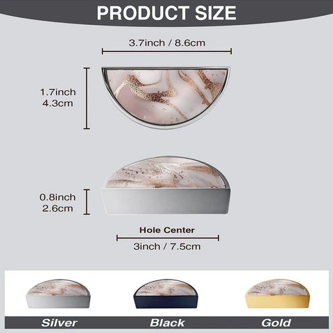 Rose Gold Blush Fluid Cabinet Pulls 2 Pack 3 Inch Center Hole Semi Circle Drawer Handles with size measurements visible