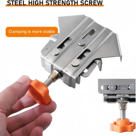 Stainless Steel 90 Degree Corner Clamp Set With Adjustable Swivel Jaws, Dope Pro Grade Right Angle Woodworking Clamp For DIY Cabinet Framing, Precise Joint Alignment, And Workshop Projects. Stainless steel corner clamp with orange knob and steel screw for woodworking