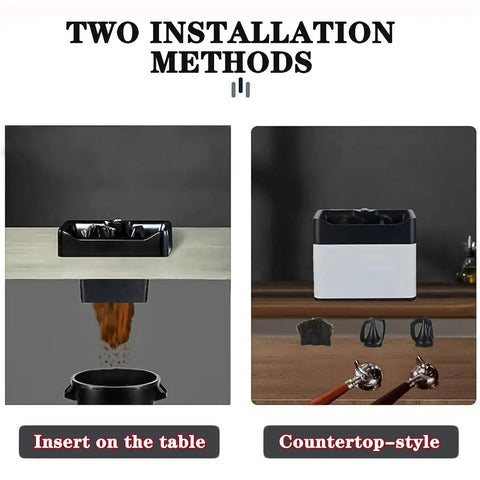 Two installation options for Automatic Electric Portafilter Cleaner For Coffee Grounds Handles Espresso Pucks With Zero Sweat, shown inset and countertop.