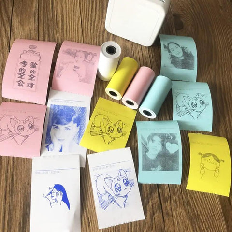 Twenty Pack Square Thermal Receipt Paper For Mini Pos Printers Self Adhesive Photo Sticker Rolls in various colors with printed designs.