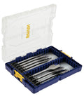 Speedbor Max 8-Piece Wood Drill Bit Set With Clear Lid, Stackable Case for Easy Viewing, open case showing drill bits
