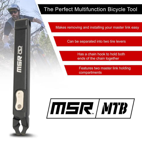 Four In One Bicycle Chain Pliers For Mountain And Road Bikes Ultra Lightweight Compact Multitool displayed with features.