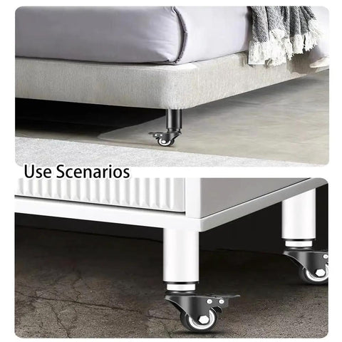 Heavy Duty Adjustable Furniture Legs With Swivel Casters, 4 Piece, shown on bed and cabinet with 360 degree rotation in white.