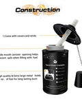 Torch fuel canister with cover, wicks, and spill-prevention features; holds 12 oz. for long-lasting burns, black with white text.