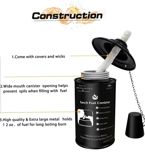 Torch fuel canister with cover, wicks, and spill-prevention features; holds 12 oz. for long-lasting burns, black with white text.