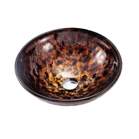 USZWBY Artistic Vessel Sink Bathroom Tempered Glass Vanity Sink, round bowl with warm brown, gold, and black hues.