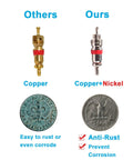Comparison of copper valve core with nickel-plated Schrader Tire Valve Core 100 Pack Durable Nickel Plated Replacement.