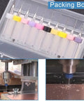 Pro Grade PCB Drill Bits Set 0.3mm To 1.2mm, 40 pcs tungsten carbide with spiral flute, shown in a plastic packing box and drilling process