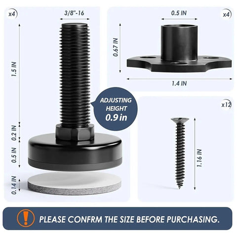 Heavy Duty Beefy Adjustable Leveling Feet Kit 12 Pcs Three Eighths Inch 16 Thread T Nut Levelers for Tables with size details