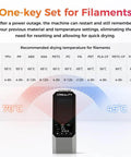 Control panel display with settings for 3D Printer Filament Dryer Box With 360 Degree Heating, Upgraded PTC Hot Air System, Moisture Dehydrator For Nylon ABS PETG PLA TPU, Supports 1.75mm And 2.85mm Filaments, Keeps Spools Dry And Ready To Print, Pro Grade Must Have