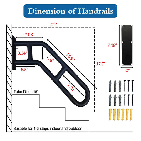 Rock Solid Black Handrails For Outdoor Steps 21 Inch Stair Railing dimensions with welded base plate for safety grab bars.