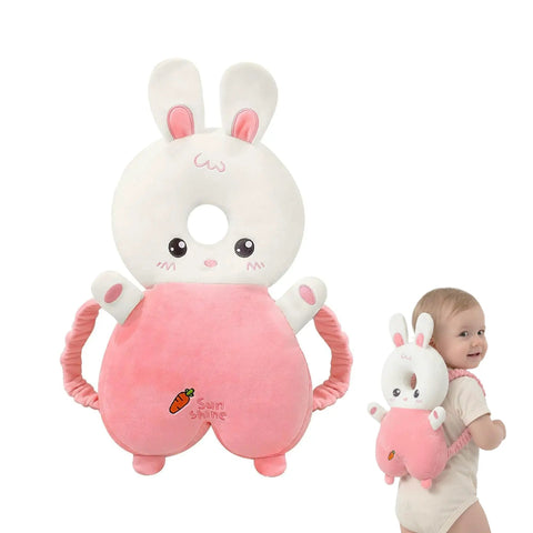 Toddler Head Protection Backpack With Adjustable Straps, Breathable Shock Absorbing Cushion For Falls, rabbit design and infant wearing it