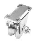 Rock Solid V Groove Wheel Pulley 2.28 Inch 304 Stainless Steel Silent Rolling Block with dual sealed bearings side view.