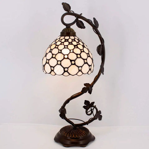 Tiffany Style Table Lamp With Cream Stained Glass Pearl Design, Metal Leaf Base, 8x10x21 Inch Desk Light, S005 Series