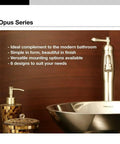 Opus series bathroom sink set with modern design and bronze accents next to a stainless steel sink and faucet.