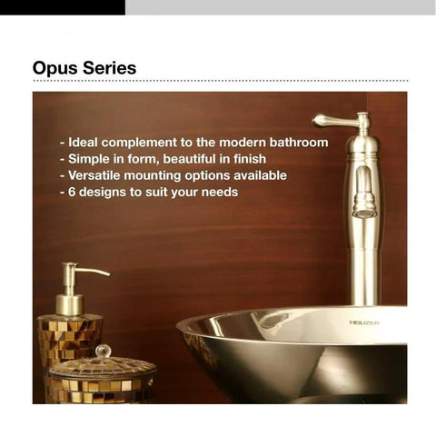 Opus series bathroom sink set with modern design and bronze accents next to a stainless steel sink and faucet.