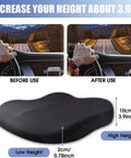 Super Comfortable Mini John Cooper Works Electric 2025 Memory Foam Car Seat Cushion For Tailbone Pain Relief Pressure Reducing Auto Pad showing height increase before and after use.