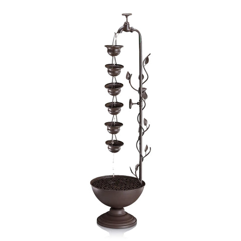 Outdoor Floor Tiered Vintage Water Fountain With 6 Hanging Cups And Soothing Tier Waterfall For Patio Or Garden, 38 Inch Bronze Decor