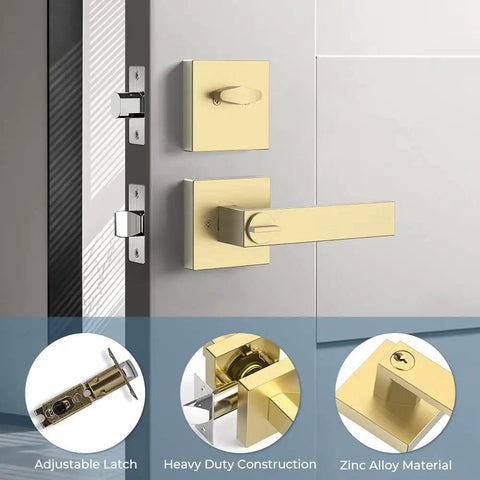 Keyed Entry Lever And Single Cylinder Deadbolt Door Handle Set In Satin Brass Finish For Exterior Door Keyed Alike Lockset Built To Last