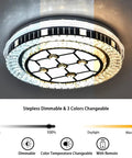 Dimmable Crystal LED Ceiling Light With Remote Control Eighteen Point Nine Inch Flush Mount Fixture showing dimming and color options.