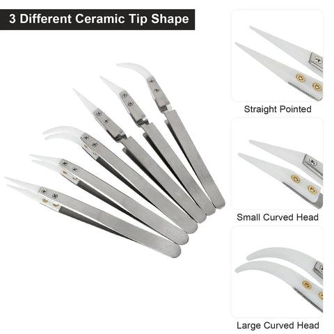 Six Piece Precision Ceramic Reverse Solder Tweezers Set with straight and curved tips, non conductive, anti magnetic points, cross lock grip