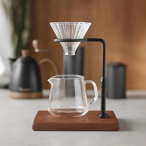Adjustable Height 360 Rotating Pour Over Coffee Dripper Stand With Sapele Wood Base And Aluminum Arm For Manual Brewing setup with glass carafe.