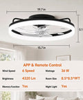 Sleek 20 Inch Flush Mount Ceiling Fan With Integrated Ambient Lighting And Smartphone App Controls Offering Six Gentle Airspeeds Reversible Motor And Foolproof Hook Up For Awesome Living Room Vibes with dimensions and details.