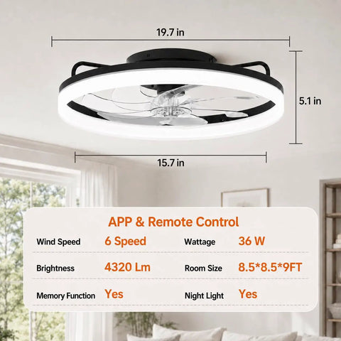 Sleek 20 Inch Flush Mount Ceiling Fan With Integrated Ambient Lighting And Smartphone App Controls Offering Six Gentle Airspeeds Reversible Motor And Foolproof Hook Up For Awesome Living Room Vibes with dimensions and details.