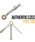 Front view of stainless steel Czech 3-in-1 pipe tool cleaner with ring-end reamer; stand shows spoon and poker.