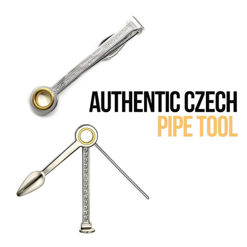 Front view of stainless steel Czech 3-in-1 pipe tool cleaner with ring-end reamer; stand shows spoon and poker.