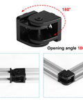 Heavy Duty Black Pivot Joint Hinges 4 Pack Fits 4040 T Slot Aluminum Extrusion Profile Slick Zinc Alloy Construction With M8 Mounting Holes Rock Solid Swivel Action Pro Builder Gear showing 180-degree opening angle.