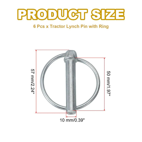 Heavy Duty M10x50 Lynch Pin With Ring Set 6 Pack For Tractors Trailers Farm Trucks And Mowers Carbon Steel Lock Pins 10 Mm Diameter 50 Mm Length Ring ID 57 Mm Durable Quick Release Clips, 10 mm x 50 mm