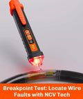 Non Contact Voltage Tester Pen With Dual Sensitivity 12-1000V shown with LED flashlight locating wire faults using NCV tech.