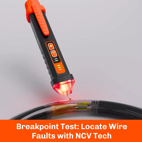 Non Contact Voltage Tester Pen With Dual Sensitivity 12-1000V shown with LED flashlight locating wire faults using NCV tech.