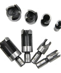 Kickass Eight Piece Wood Plug Cutter Drill Bit Set Offering Straight And Tapered Options For Heavy Duty DIY Projects And Home Renovations Real Deal Steel Bits That Slice Clean Every Single Time, showing various sizes.