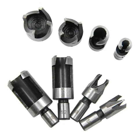 Kickass Eight Piece Wood Plug Cutter Drill Bit Set Offering Straight And Tapered Options For Heavy Duty DIY Projects And Home Renovations Real Deal Steel Bits That Slice Clean Every Single Time, showing various sizes.