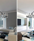 Black Wagon Wheel Chandelier With 20 Lights Modern Farmhouse Pendant Light installed in living room interior.