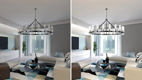 Black Wagon Wheel Chandelier With 20 Lights Modern Farmhouse Pendant Light installed in living room interior.