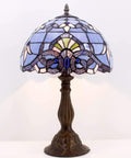 Blue Purple Tiffany Style Stained Glass Table Lamp 12x12x18 Inch With Lavender Hue Baroque Artwork Antique Green Bronze Base