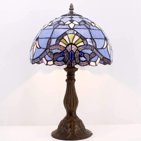 Blue Purple Tiffany Style Stained Glass Table Lamp 12x12x18 Inch With Lavender Hue Baroque Artwork Antique Green Bronze Base