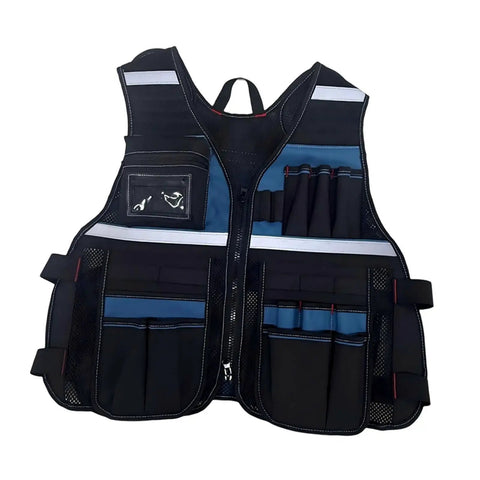 Industrial Grade Heavy Duty Adjustable Work Vest Multi Pocket Utility Carry For Plumbers Electricians Carpenters Smart Storage Pockets Tough As Nails Black Blue with multiple tool pockets displayed