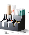 Heavy Duty Clear Acrylic Coffee Station Organizer And Coffee Bar Condiment Holder Bin with cups and straws, 33x20x22 cm.