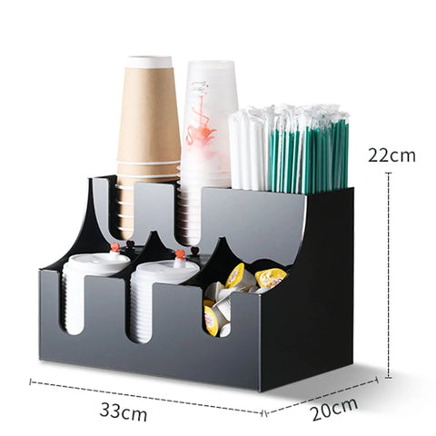 Heavy Duty Clear Acrylic Coffee Station Organizer And Coffee Bar Condiment Holder Bin with cups and straws, 33x20x22 cm.